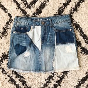 Vintage Guess high waisted denim patchwork skirt.
